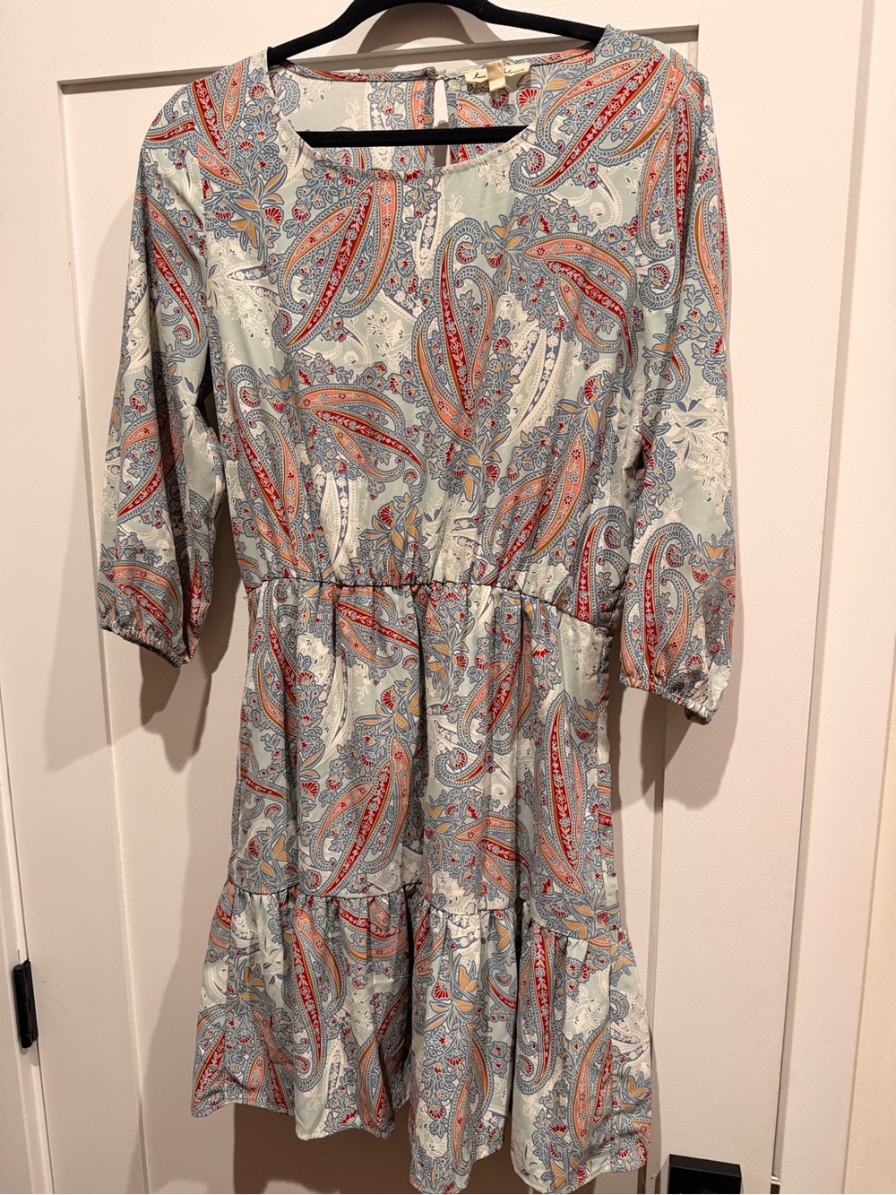 Jane and Bleecker Light Blue Paisley Tiered Mini Dress with Red Accents
